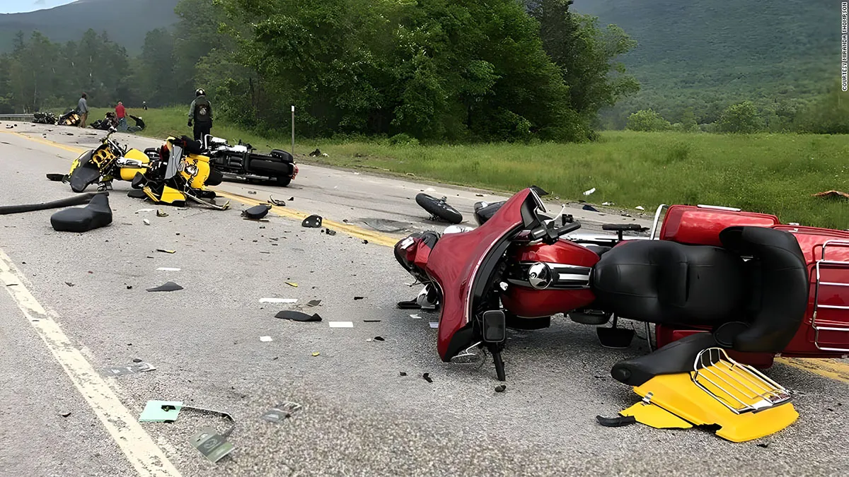 Cruiser Motorcycle collision on road, in need of repairs